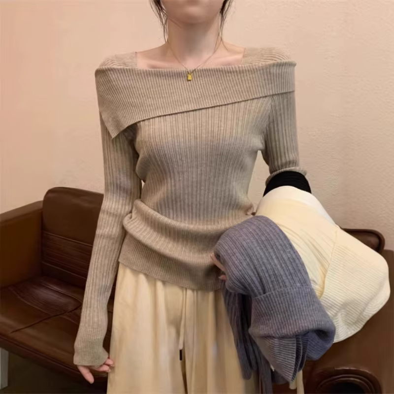 Solide Sexy mince épaules dénudées Slash cou à manches longues tricot pull femmes pulls bureau mode 