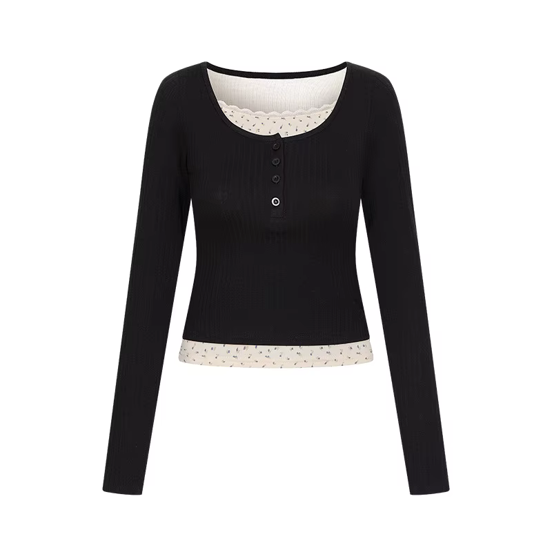 T-shirt à manches longues pour femmes, col en U, haut Slim, Style français, vêtements pour femmes av