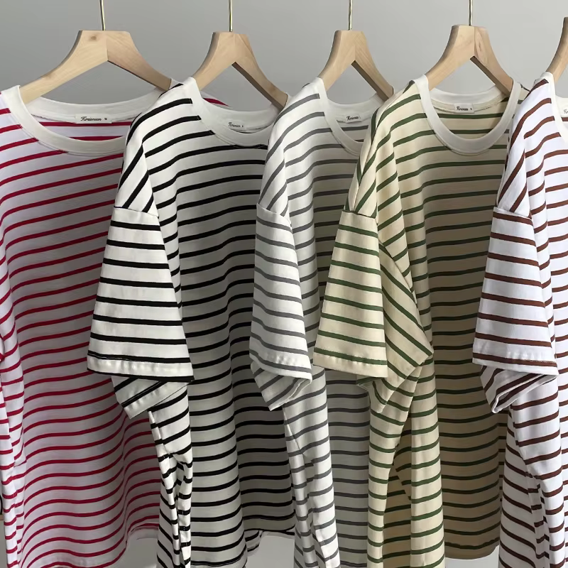 Hirsionsan – t-shirt oversize 100% coton pour femme, ample, rayé, fendu, décontracté, basique, été,