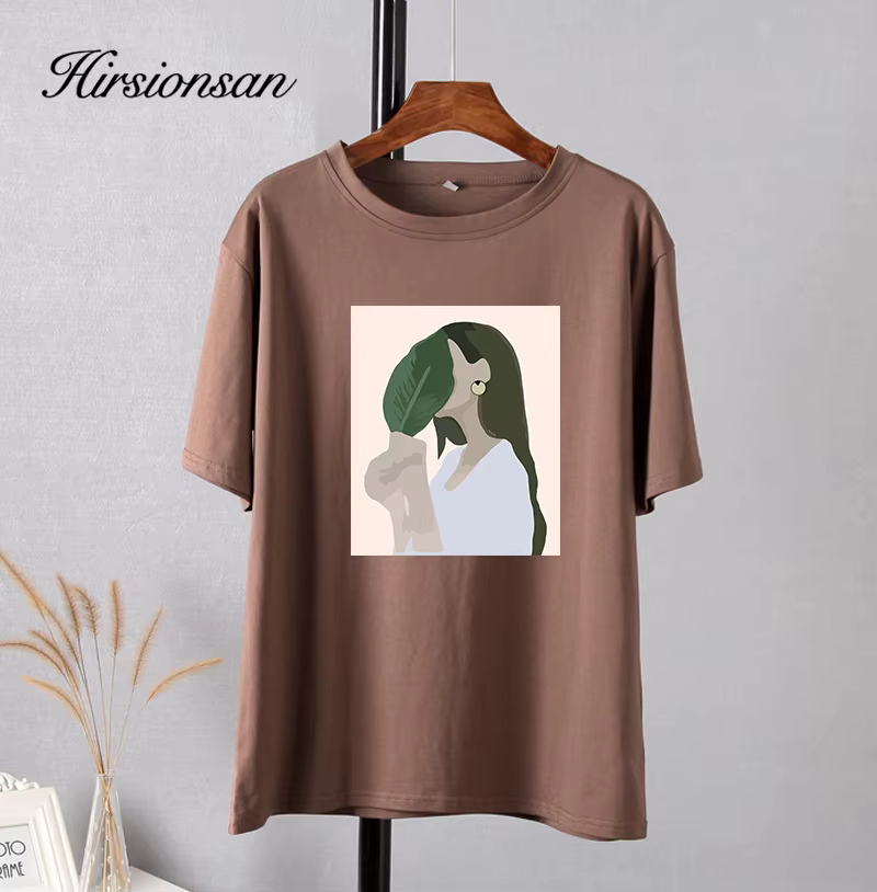 Hirsionsan – t-shirt imprimé pour femmes, 2023 coton, ample, décontracté, Chic, estival, 100%