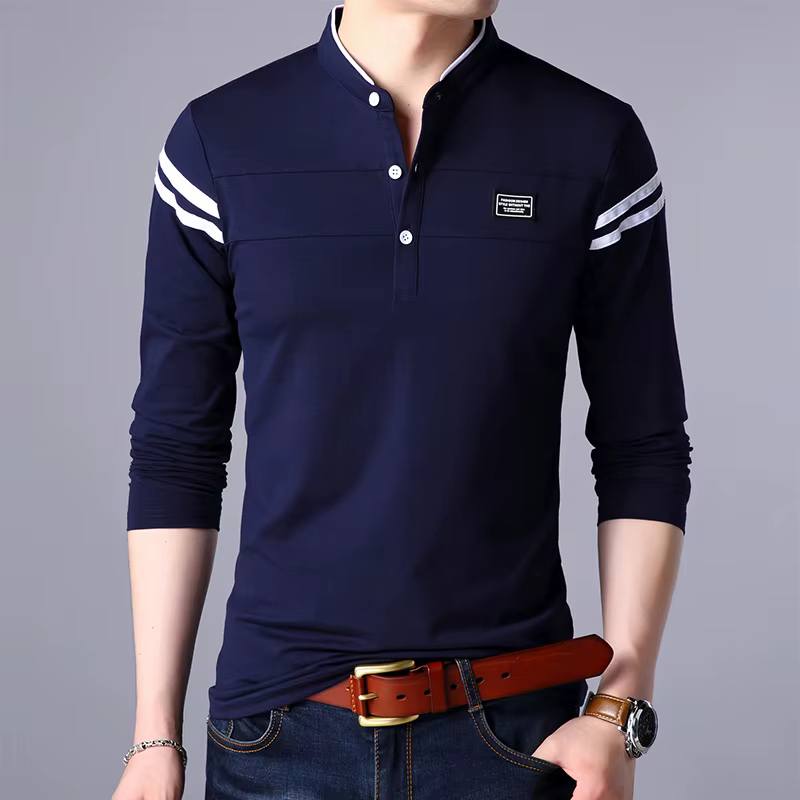 T-shirt POLO à manches longues pour hommes, décontracté, en coton, respirant, col montant, chemise c