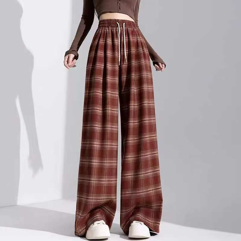 Pantalon à carreaux rétro rouge pour femmes, taille haute, ample, décontracté, jambes droites, polyv