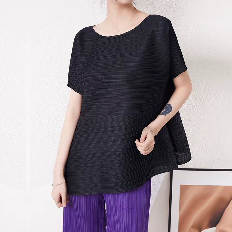 Miyake haut court plissé 2025 été nouveau Design irrégulier ample grande taille col rond T-shirt à m
