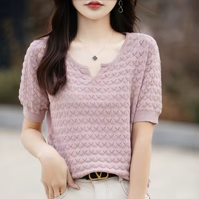 T-shirt en pur coton à manches courtes pour femmes, t-shirts décontractés, pull à col en V, monochro