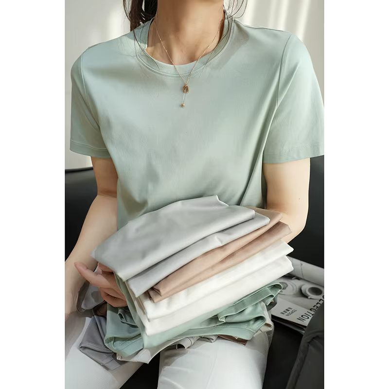 T-shirts d'été en coton mercerisé pour femmes, en soie, col rond, manches courtes, amples et droits,