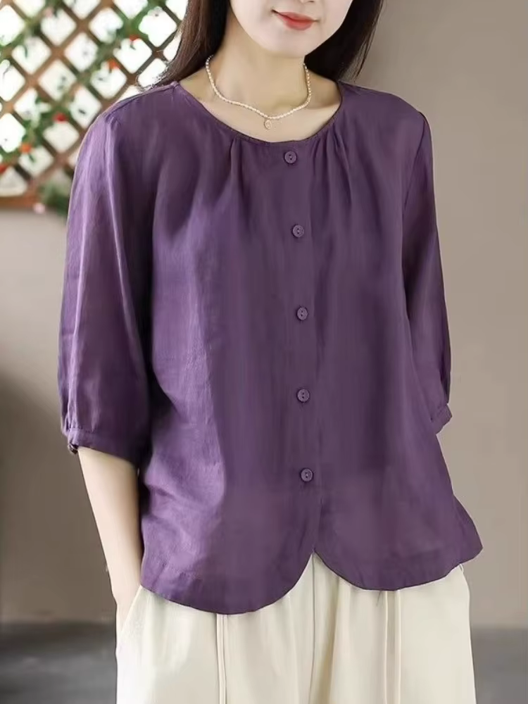 T-shirt en lin et coton pour femmes, couleur unie, col rond, décontracté, ample, surdimensionné, con