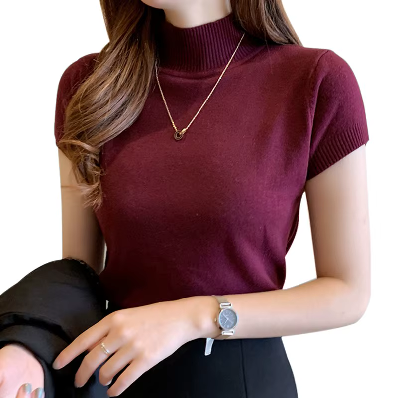 Demi col roulé mince tricoté T-shirt femmes élégant solide à manches courtes décontracté polyvalent 