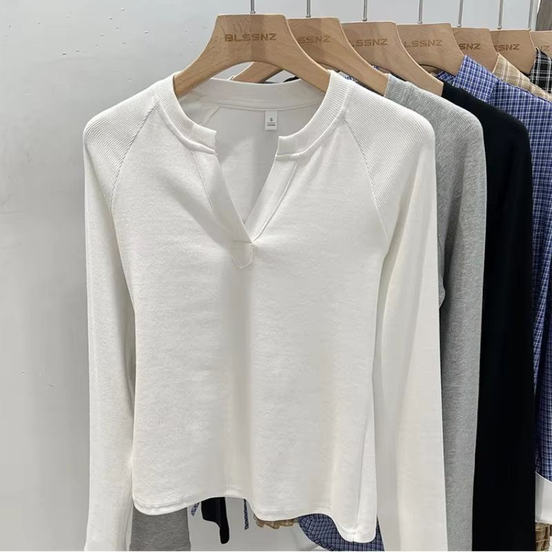 T-shirt basique ajusté à col en V et manches longues pour femme, style coréen, polyvalent, simple, c
