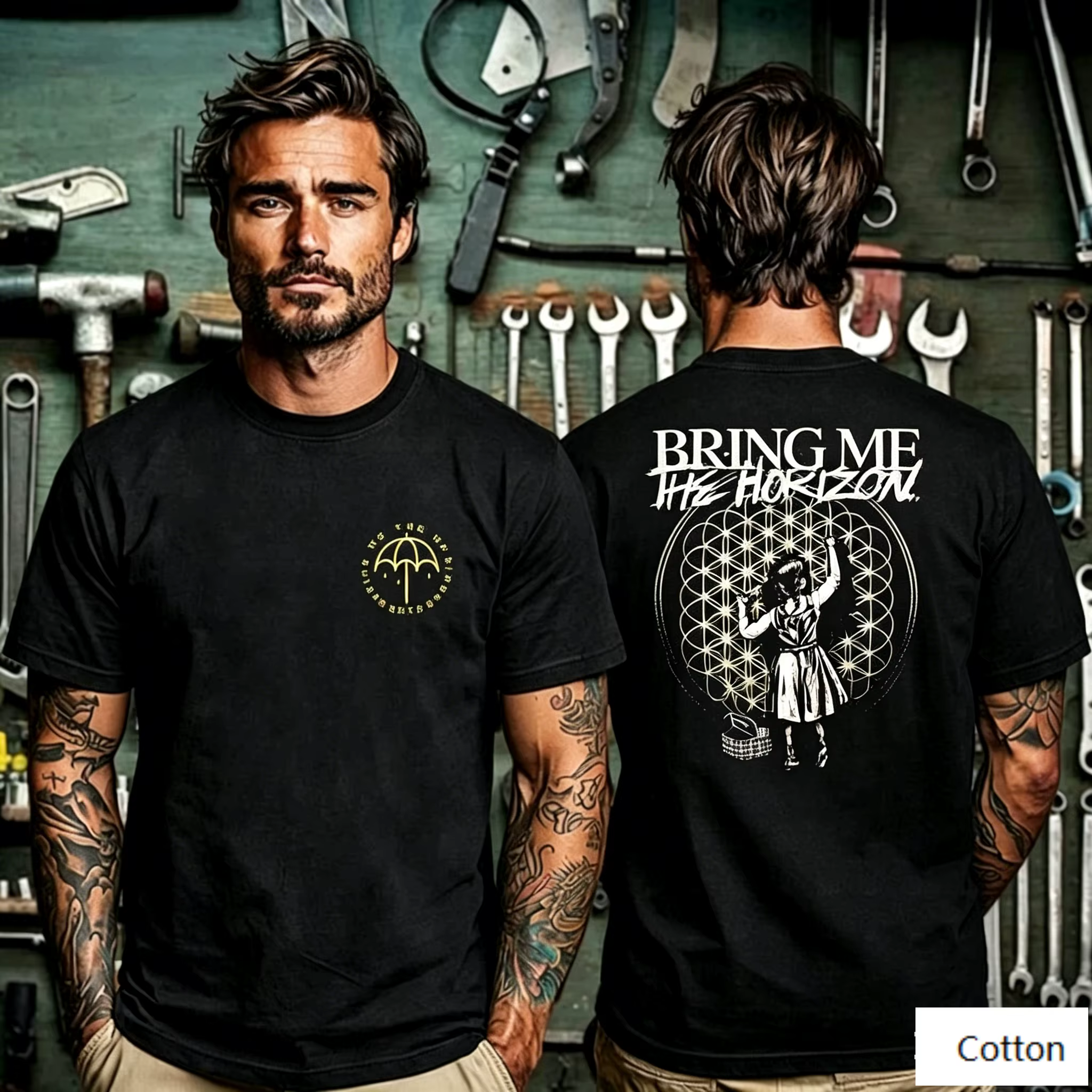 T-shirt en coton imprimé parapluie Bring Me The Horizon, t-shirt décontracté noir avec motif Sempite