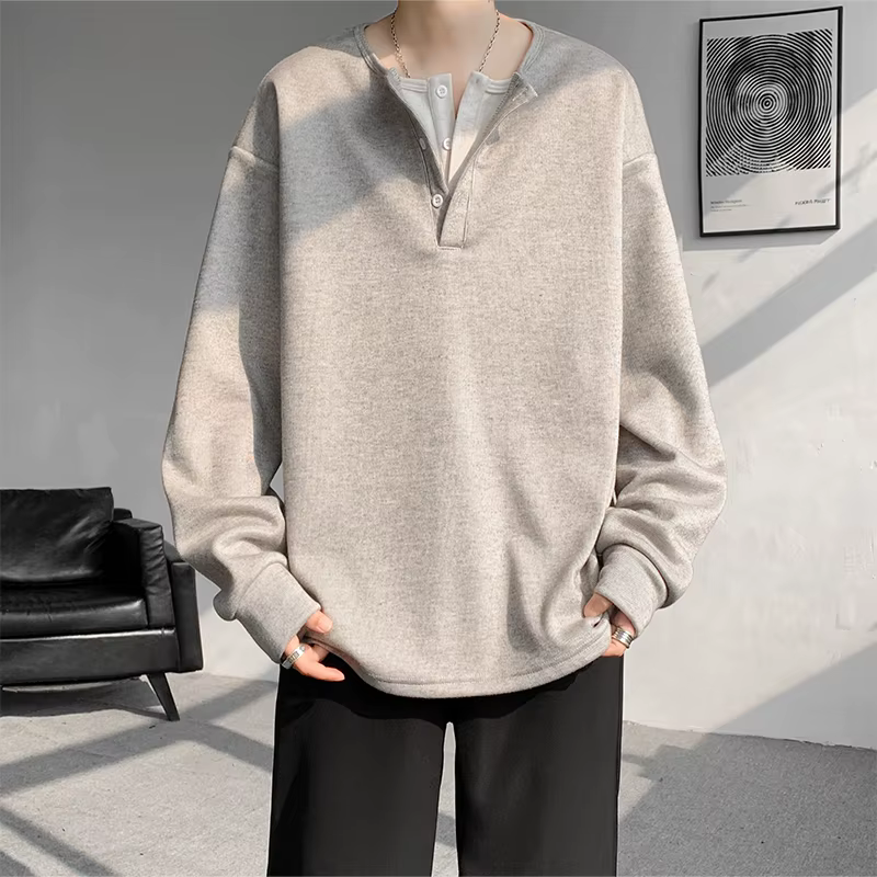 T-shirt à manches longues Henley pour homme, col rond, couleur unie, taille M-XXXXXL, 5XL, couche de