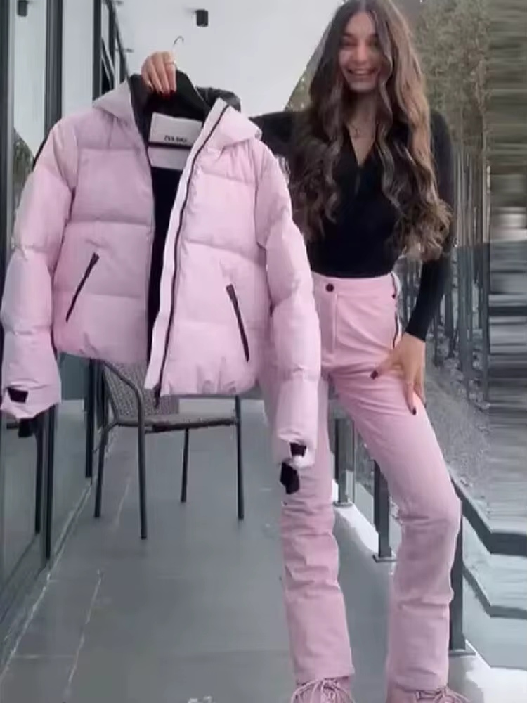 HH femmes mode poche fermeture éclair manches longues à capuche ski coton rembourré cordon veste + t