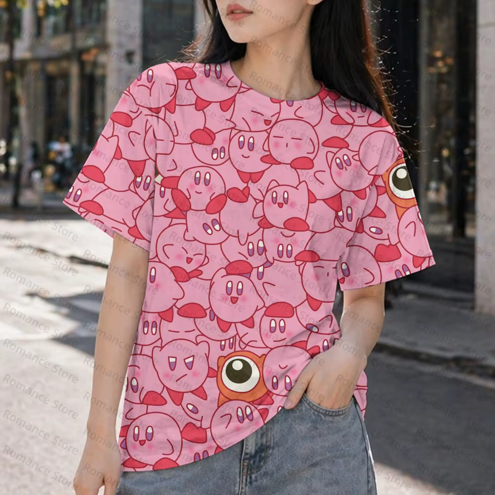 T-shirt graphique Kirby pour femmes, streetwear d'été tropical, t-shirt unisexe, motif rose mignon, 