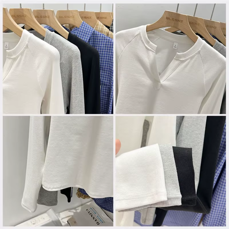 T-shirt basique ajusté à col en V et manches longues pour femme, style coréen, polyvalent, simple, c