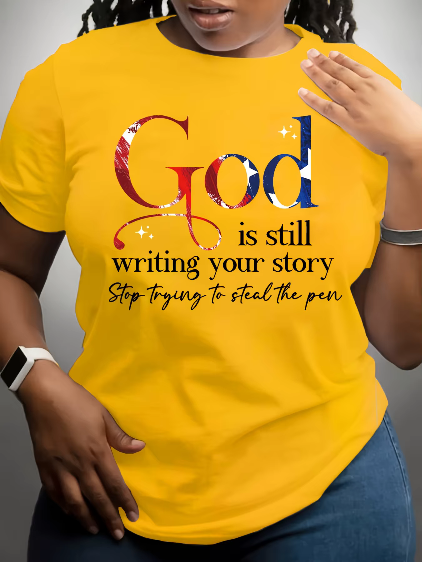 T-shirt pour femme « Dieu continue de raconter votre histoire » - Motif Faith, haut jaune décontract