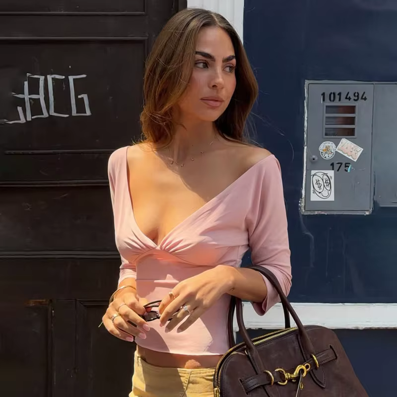 T-shirts sexy à col en V pour femmes, hauts d'été à manches longues, fendus, unis, coupe ajustée, ch