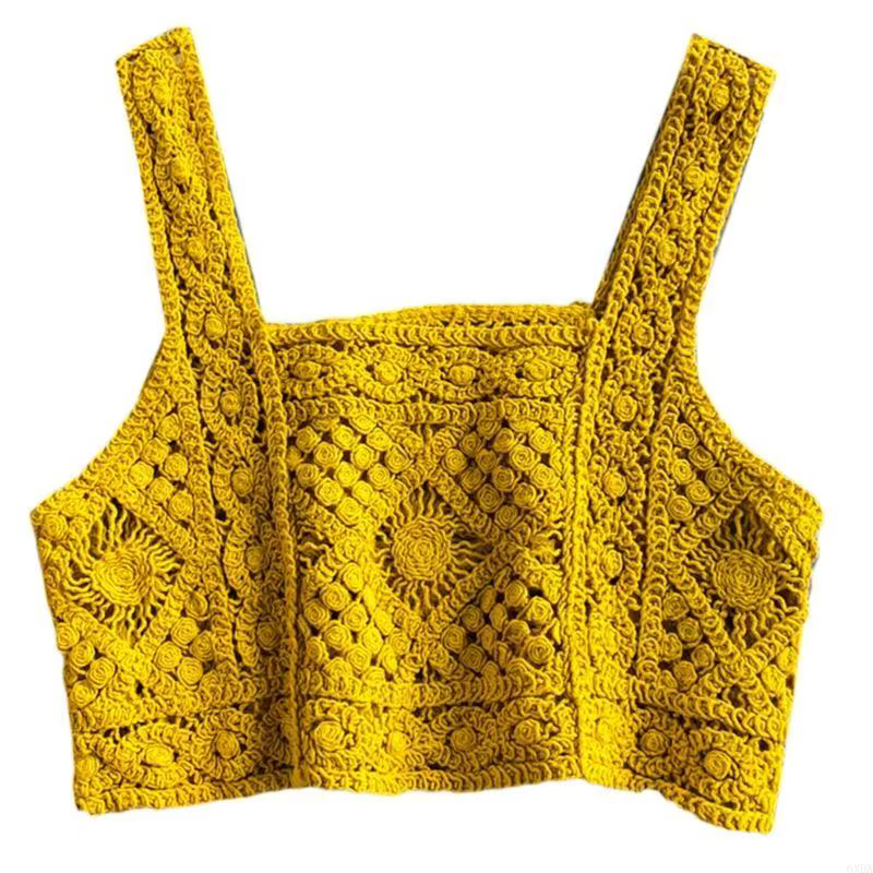 Femmes Crochet Sans Manches Récolte pour Débardeur Rétro Tricot Plaid Col Carré Pull 6XDA