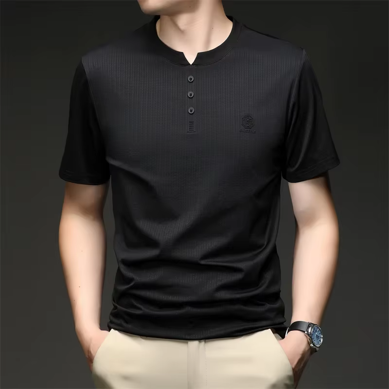 T-shirt à col Henley pour homme avec petit logo, tissu doux et élastique, pour usage décontracté et