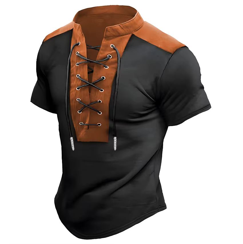 T-shirt vintage à col montant avec cordon de serrage, polos d'été décontractés à manches courtes pou