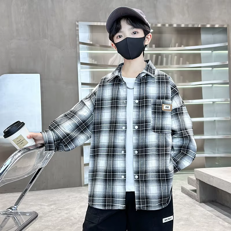 Chemise à Manches sulfpour Garçon et Adolescent, Blouse Classique à Carreaux Noir et Blanc, Vêtement