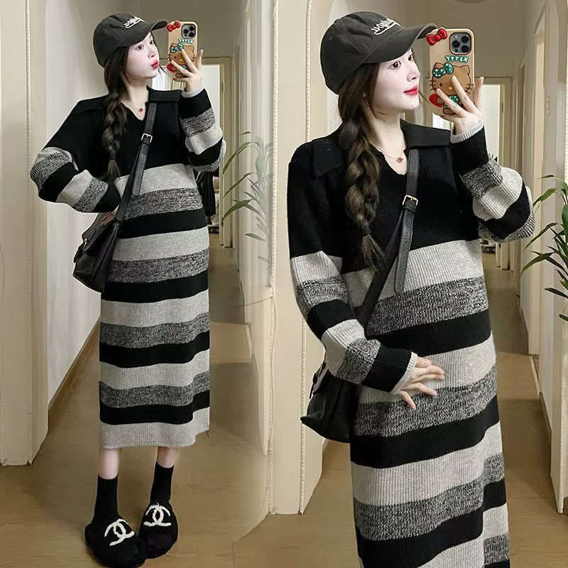 Robe en tricot rayé pour femmes, manches longues, col Polo, coupe ample, longueur mi-mollet, Style d