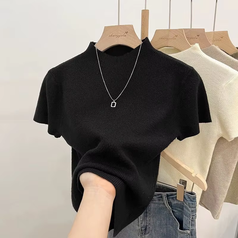 Pull à col roulé pour femme, basique, couleur unie, fin, tricoté, Slim, manches courtes, moulant, ét