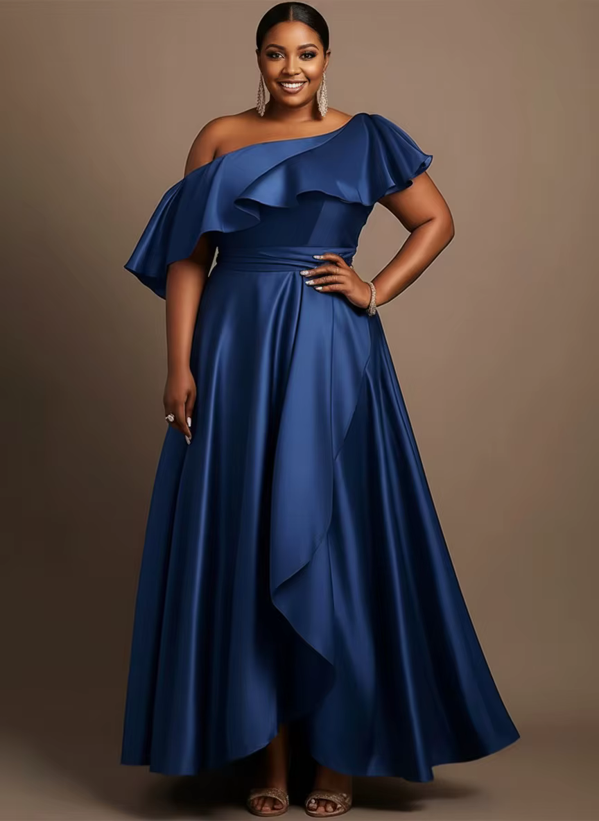 Robe de soirée élégante en satin à volants et épaule dénudée, taille plus, coupe asymétrique, longue