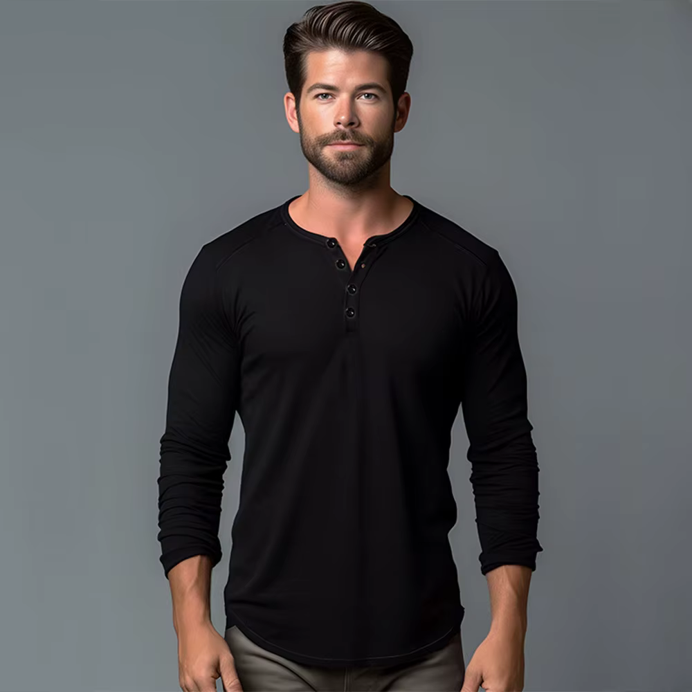 Hommes à manches longues T-shirt coton coupe ajustée chemise de fond Fitness hauts t-shirts bouton c