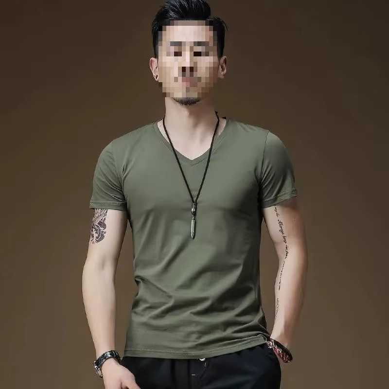 T-Shirt en coton pour hommes, col en v, coupe cintrée, noir, couleur unie, couche de Base, haut pour
