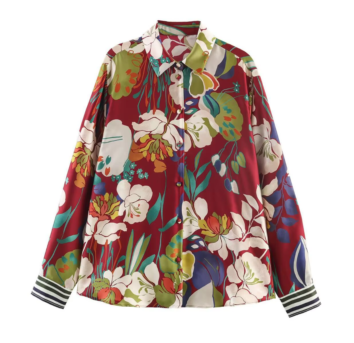 Chemisier Chic en Satin Rouge Profond à Imprimé Floral avec Col Revers, Boutons Simples et Manches L