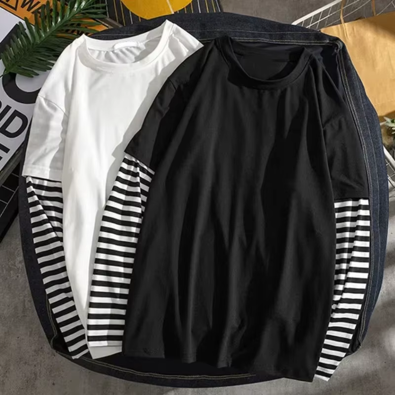 Nouveau Harajuku noir blanc rayé Y2K à manches longues couleur unie T-shirts hommes femmes automne f