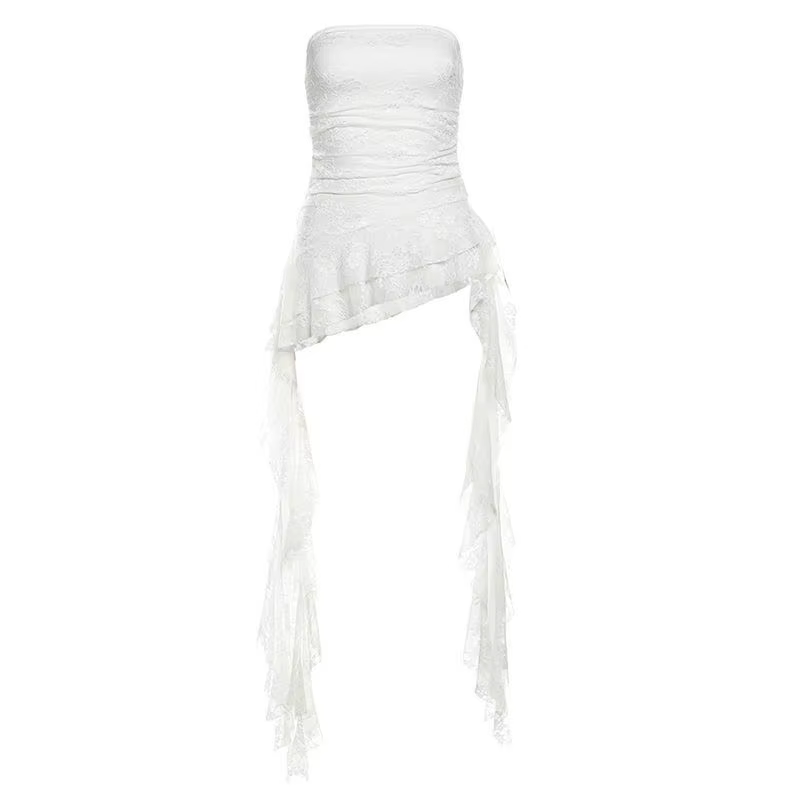 Doux Sexy Irrégulier Asymétrique Mince Débardeur Y2k Harajuku Dentelle T-shirt Femmes Noir Blanc Hau