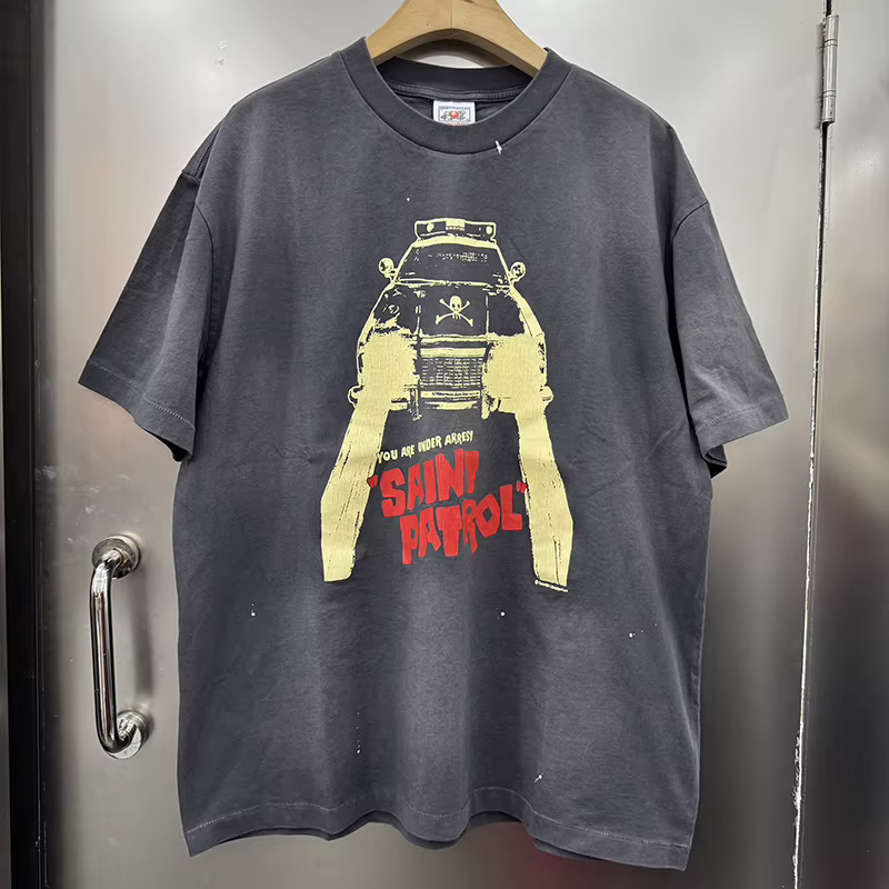 SAINT PATOROL T-shirt vintage à col rond surdimensionné avec logo crânes imprimé voiture, style stre