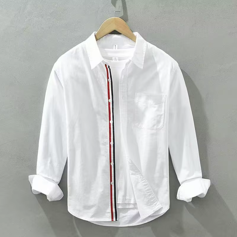 Chemise Oxford en coton pour homme 2026, à manches longues, avec patte de boutonnage à ruban contras