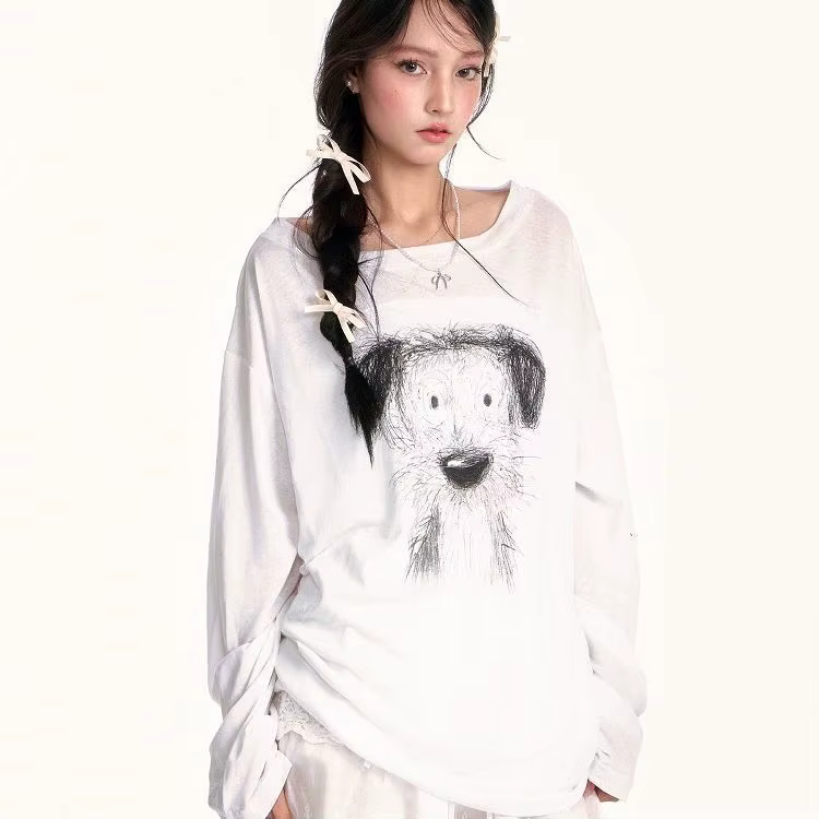 Style américain t-shirts femmes croquis imprimé à manches longues T-shirt 2025 été mince légèrement 