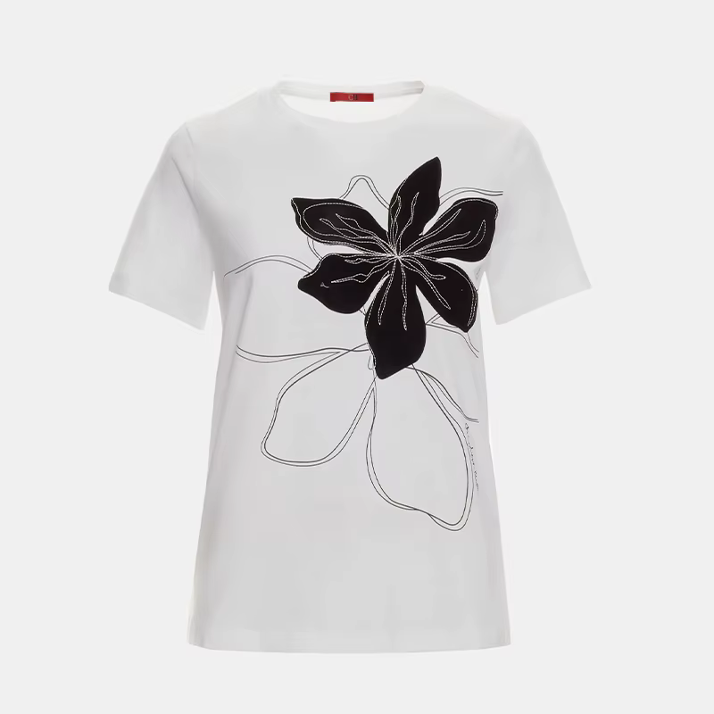 CH T-shirt blanc pour femme, imprimé floral, manches courtes, col rond, décontracté, en coton, pour