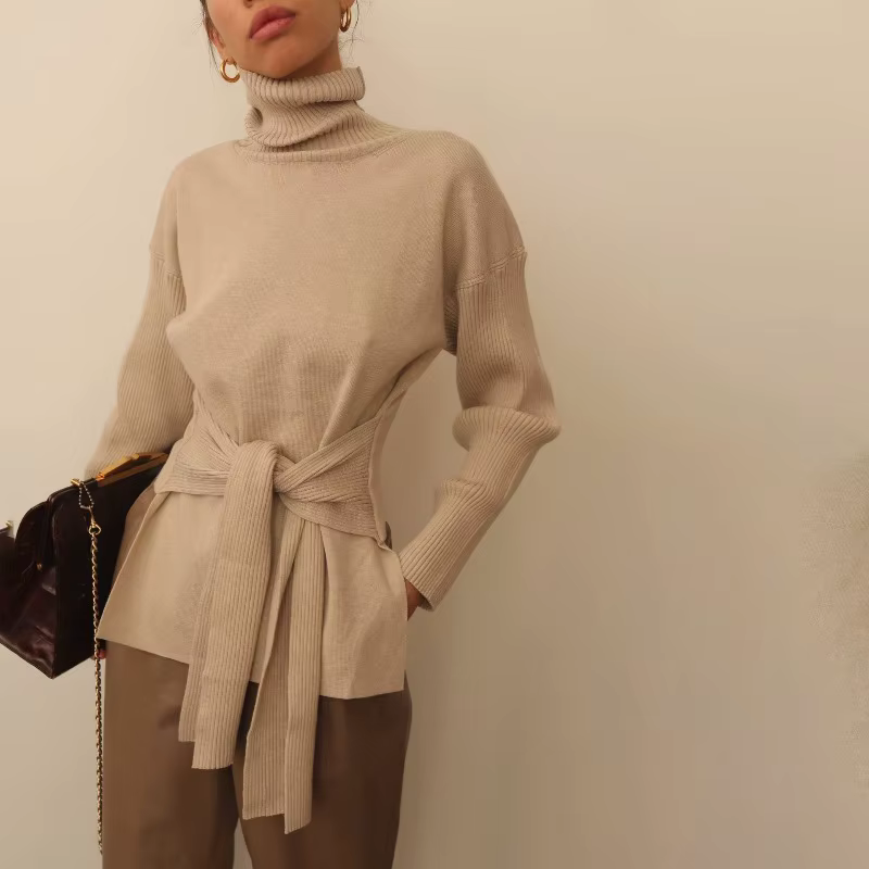 Pull tricoté à col roulé pour femmes, manches longues, avec ceinture, taille ample, hauts Y2K, pull 