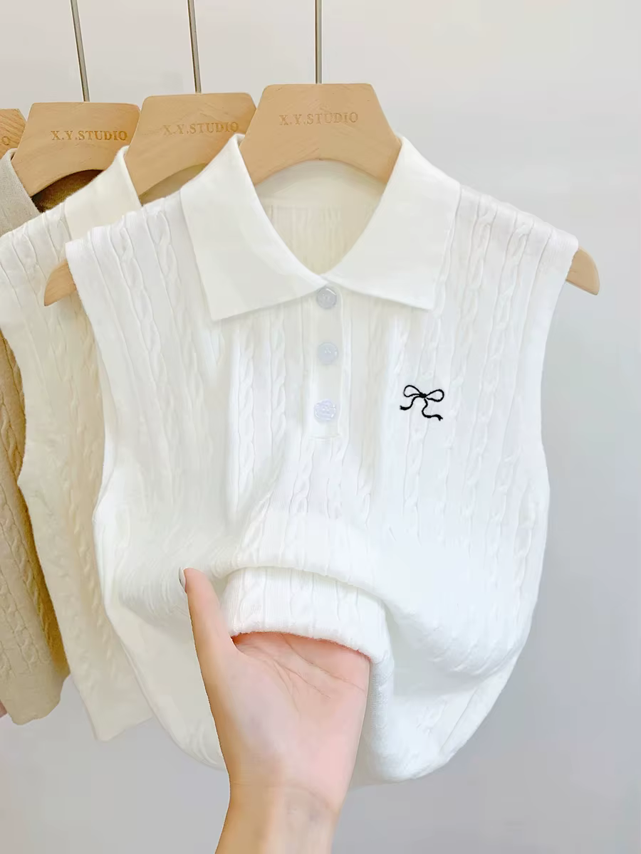 Débardeur décontracté sans manches brodé, col polo en maille, pour femme, collection été 2026, style