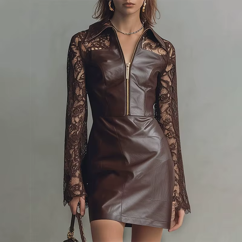 Robes en cuir PU pour femmes élégantes col de chemise marron demi-fermeture éclair dentelle à manche
