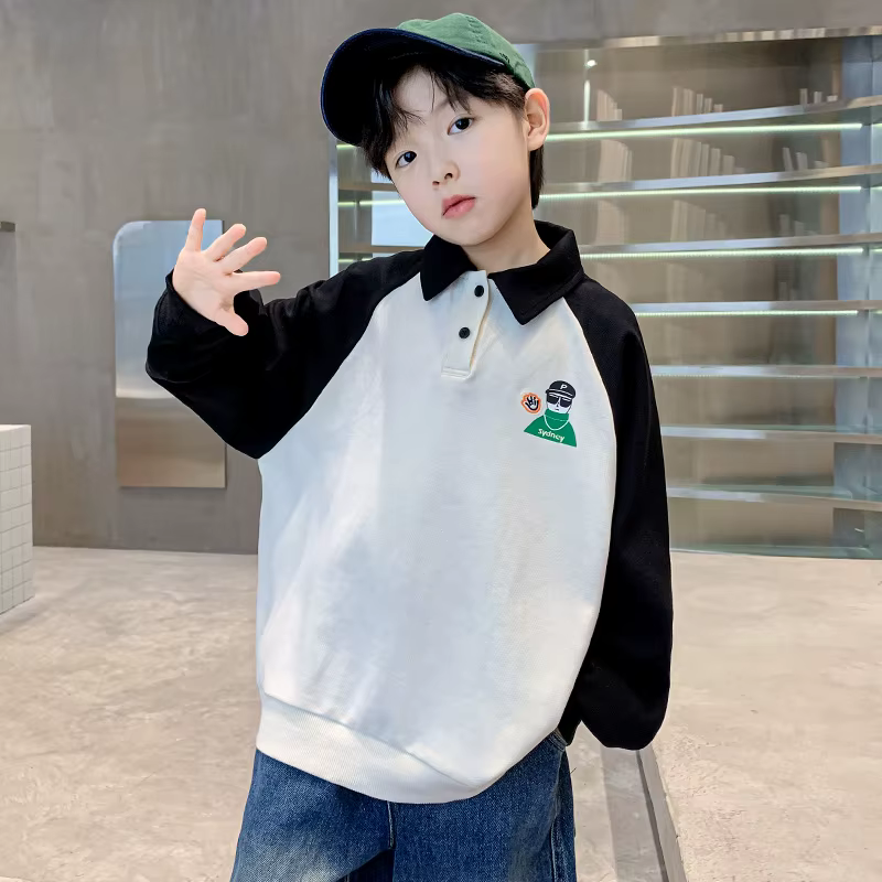 Sweat-shirt à col polo pour enfants, style vintage, manches longues, coton, adolescents, garçons, en