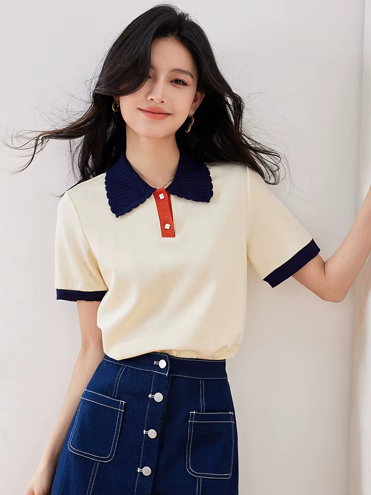 T-shirt slim à revers pour femmes, haut décontracté, mode coréenne, été, 2024