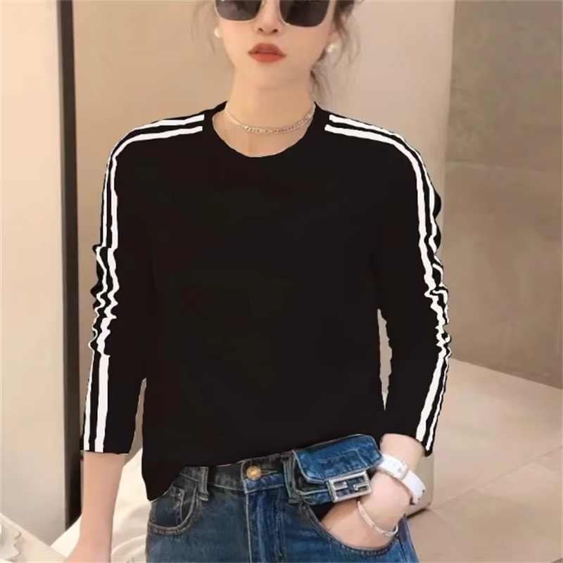 Simplicité femmes T-shirt mince T-shirt mode bas haut rayure Blous col rond à manches longues femme