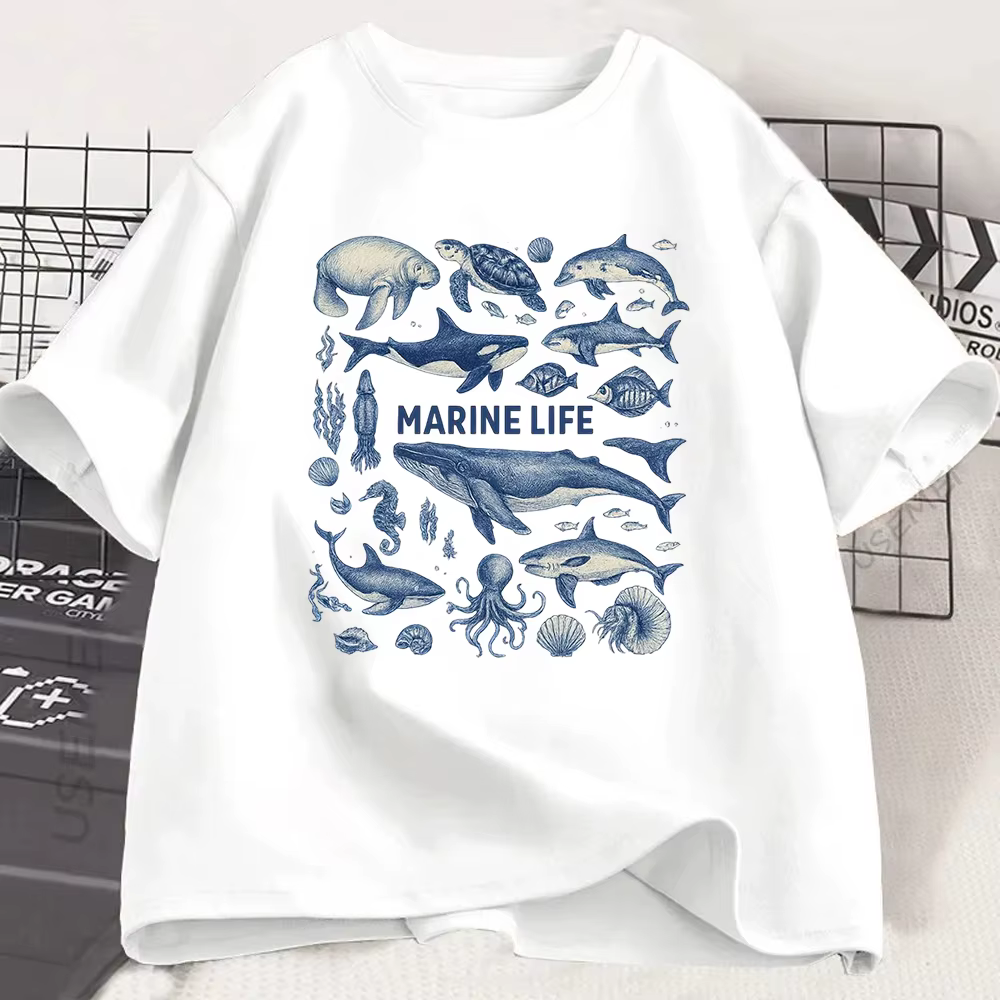 T-shirt Vintage Vie Marine : Requin Baleine, Illustration Biologie Océanique, Décontracté, École, To