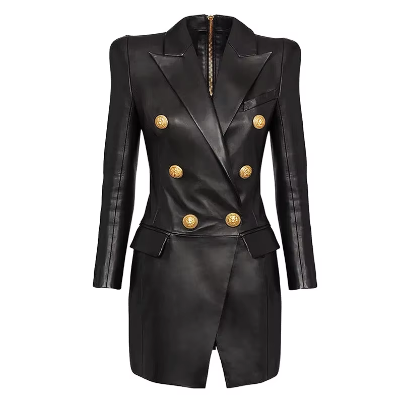 Nouvelle robe en cuir pour femme, manches longues, col rabattu, mini robe fourreau
