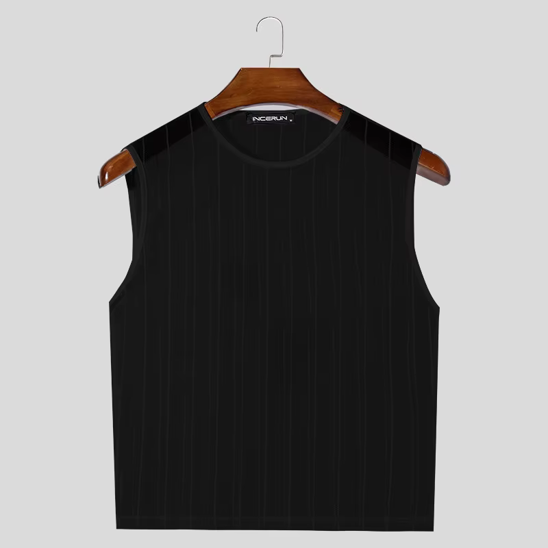 Débardeurs pour hommes en maille transparente à col rond, sans manches, sexy, rayés, crop tops stree