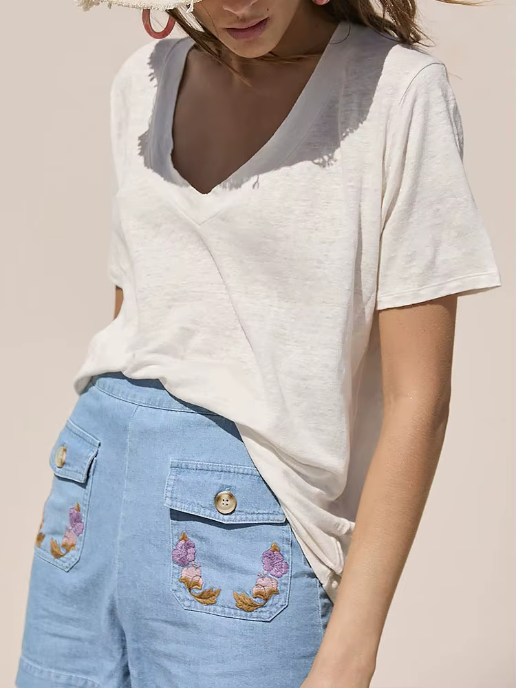 75% coton femmes T-shirt Sexy col en v à manches courtes t-shirts et chemisiers haut pour femme jeun