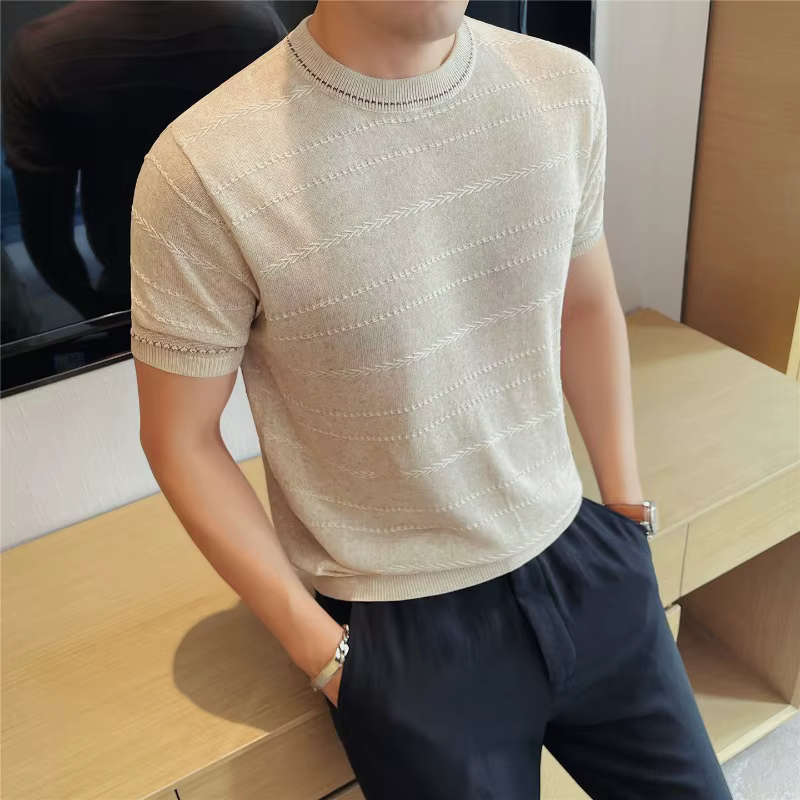 T-shirt en maille mélangée lin bicolore pour homme – T-shirt d'été respirant texturé à manches court