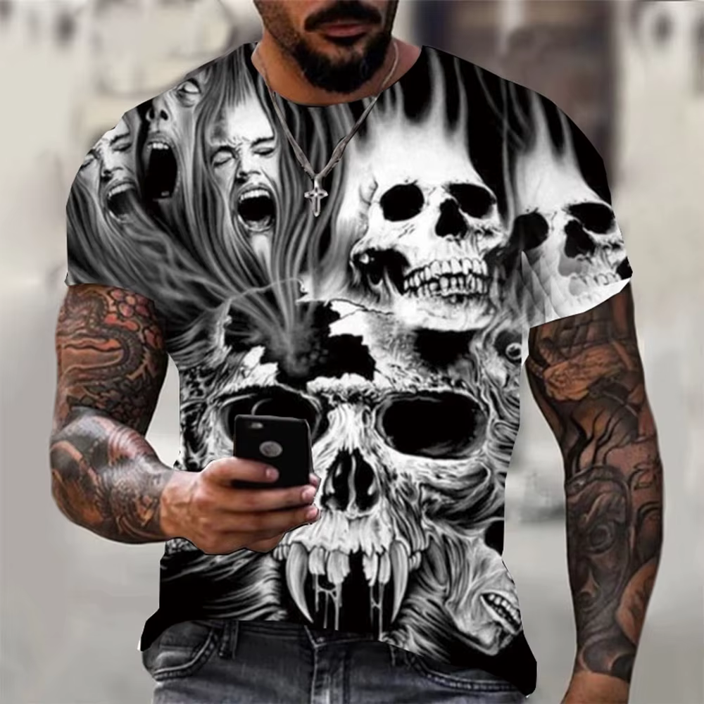 T-shirt d'été à manches courtes pour hommes, imprimé tête de mort en 3D, personnalisé, cool, punk ro