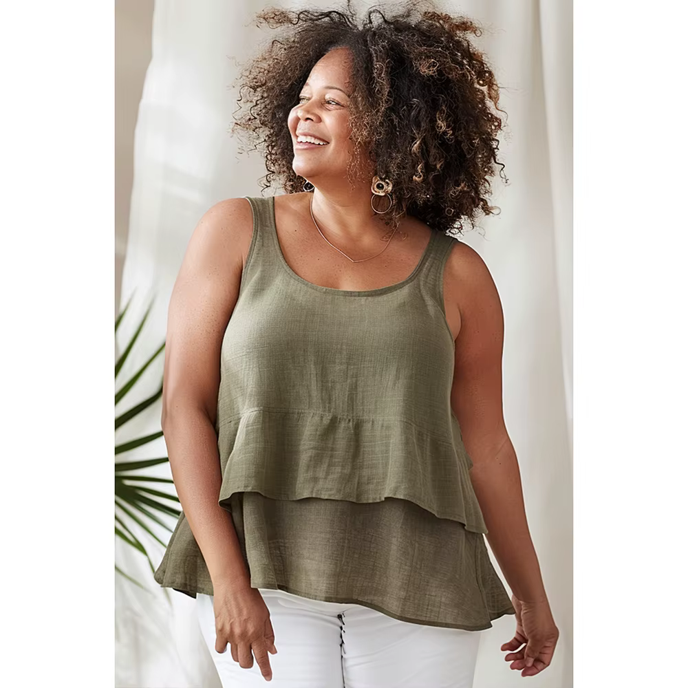 Haut à col rond en lin vert matcha, grande taille, couleur unie, à plusieurs niveaux, précieux, déco