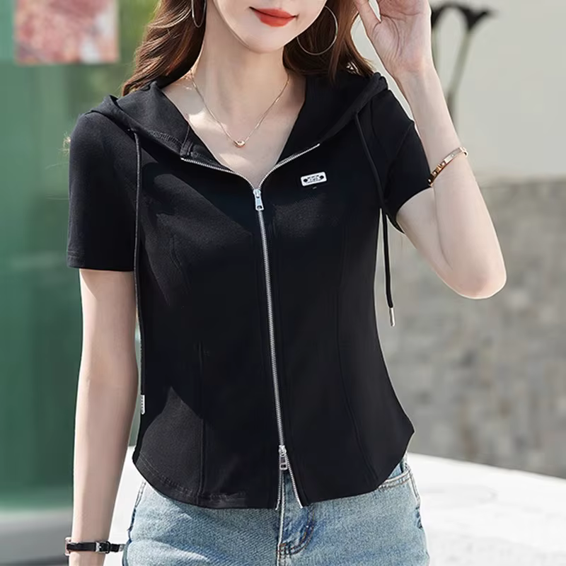 Nouveau Femme T-shirt à capuche L'été Mode Fermeture éclair à double tête Cardigan Manches courtes T