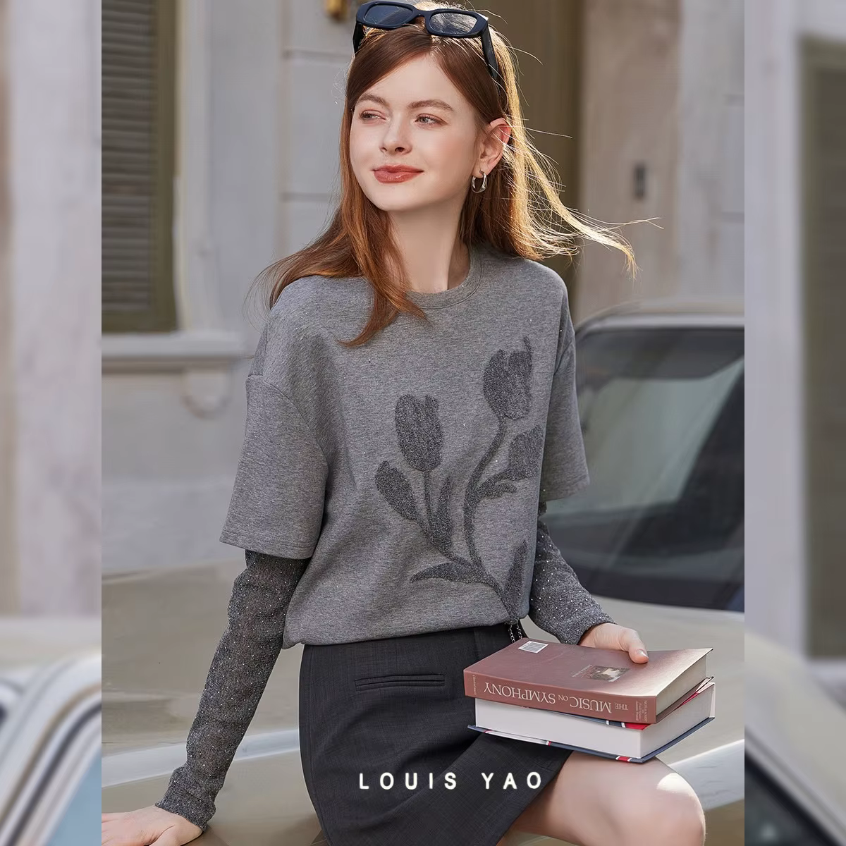 T-shirt femme LOUIS YAO style britannique à effet superposé, printemps 2026, col rond, pull à motif 